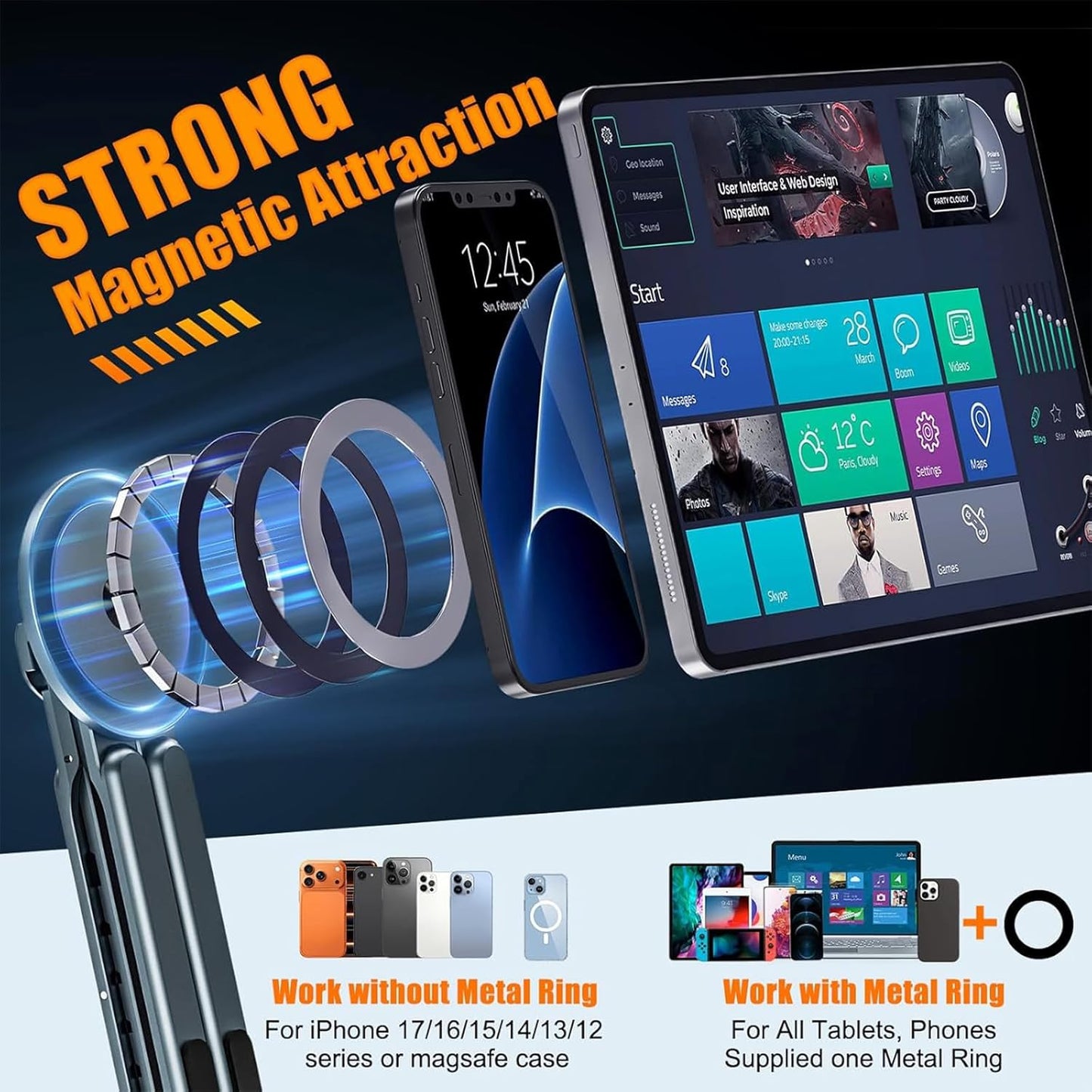 Laptop Stand for Desk, Adjustable Aluminum Alloy Magnetic Foldable Phone Stand, 8 Level Height Adjustable Laptop Stand, 3 in 1 Computer Riser for Phone, Tablet and Laptop