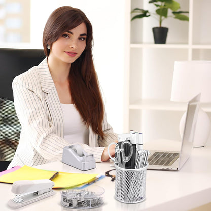 17 in1 Silvery Desk Organizers and Accessories Set, 3 Office Desk Supplies Storage Organization, 4 Pens, Stapler, Staples & Remover, Tape & Dispenser, Scissors, Ruler, Clips, Hole Punch Back to School