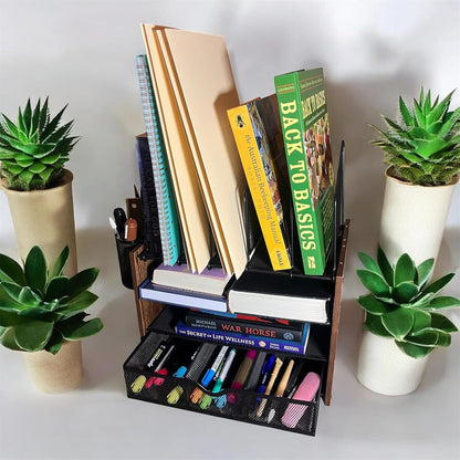 Wooden Desk Organizer - 4-Tier Desktop File Organizer with Drawer, Wooden Paper Tray, Vertical File Holders & 2 Pen Holders - Office Desk Organizer for Papers, Mail, Notebooks, Stationery