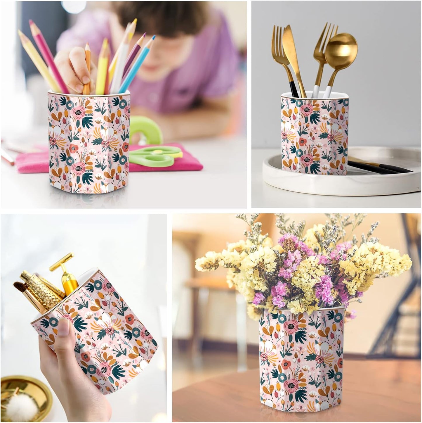 WAVEYU Ceramic Pen Holder for Desk Cute, Pencil Cup Pot Desk Organizer, Makeup Brush Holder for Women, Men, Kids, Desk Marble Decor for Office, Classroom, Home, Gray Golden