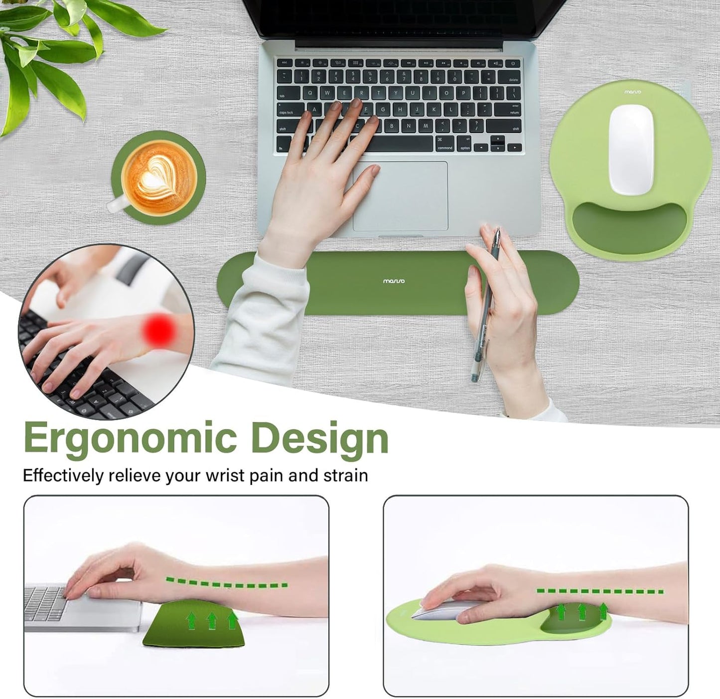 MOSISO Wrist Rest Support for Mouse Pad&Keyboard Set, Circle Curved Ergonomic Mousepad&Coaster Non-Slip Base Home/Office Pain Relief&Easy Typing Pad with Soft Cloth&Silicone Lining, Antique Green