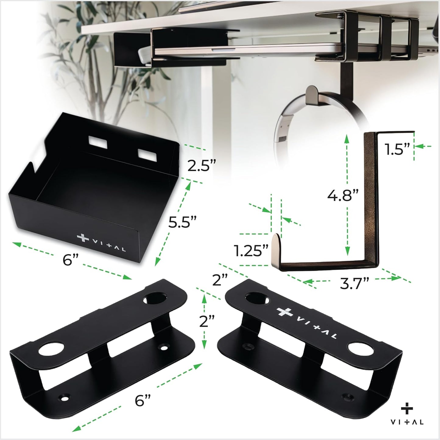 VI+AL Under Desk Laptop Mount - Hidden Metal Shelf with Side Storage, Hook & Cable Organizer - Installs with Tape & Screws - Fits Devices up to 1.7" Thick - Deluxe + LED (USB Light Strip & Remote)
