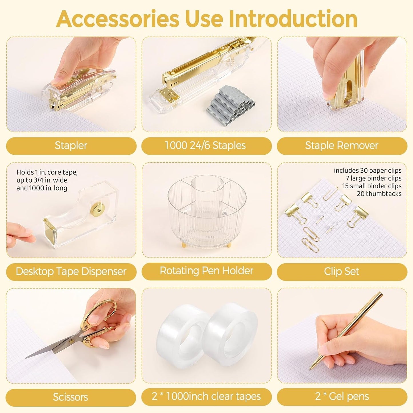 SKYDUE Pink Desk Accessories 10Pcs, Rotating Pen Holder for Desk, Stapler, Staple Remover, Tape Dispenser,2pcs Tape Refills, Binder Paper Clips Kit, Scissor,Pink Office School Supplies