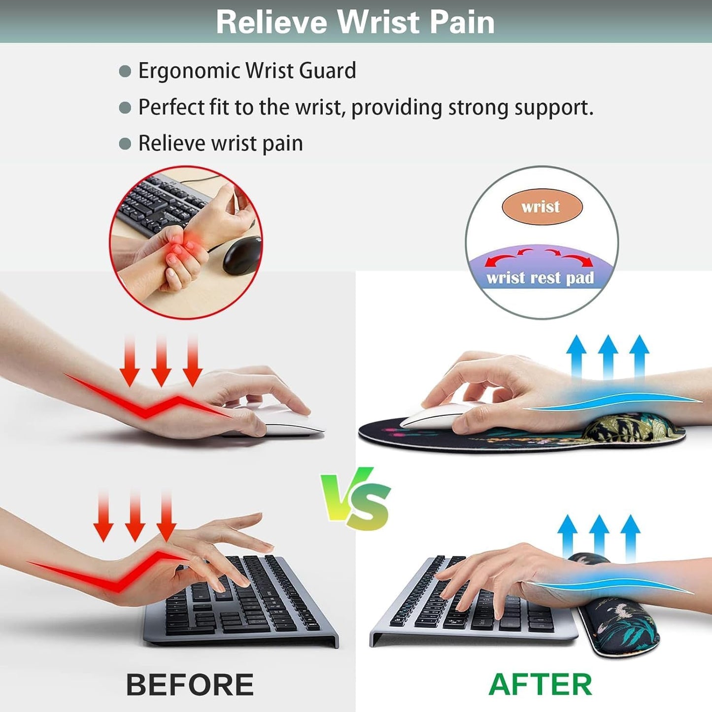 Mouse Pad with Wrist Rest Set, Qomolama 3-in-1 Wrist Support Mouse Pad Set, Floral Gaming Mousepad with Anti-Skid Base,Ergonomic Mouse Pad,Memory Foam Keyboard Gel Wrists Rest