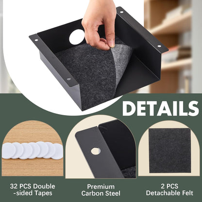 Yaocom 2 Pack Under Desk Hanging Shelf, Carbon Steel Storage Tray with Mute Felt Sheets, Mount Shelves Organizer for Office Home Workstation Gaming Desk Stand up(13x8x2.8 in/Storage Shelf,Black)