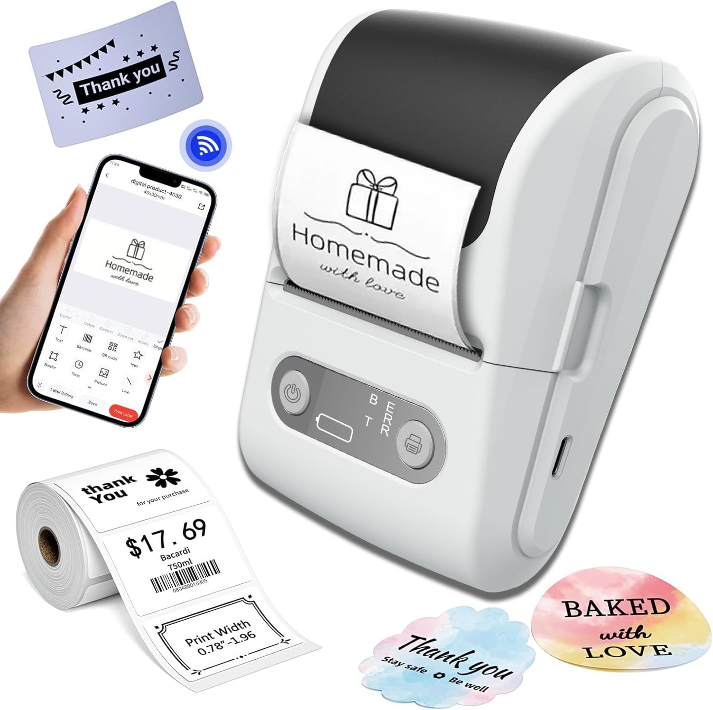 Label Maker with Tape, Label Printer for Business, Sticker Printer- Compatible with 12-57mm Width Labels, Wireless Connectivity, High-Speed Printing, 1200mAh Battery for Office & Home (White)