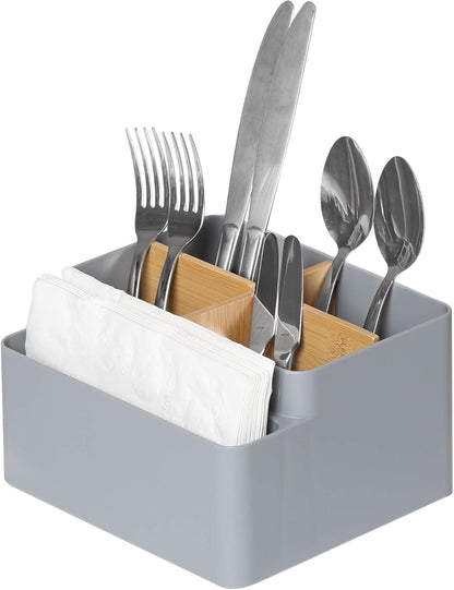 Seville Classics Bamboo Premium Organizer Storage Bins for Kitchen Silverware, Pantry, Closet, Office Desk, Pens, Utensils, Makeup, K Cup, Bamboo, Bag Holder Bin Set (4 Piece)