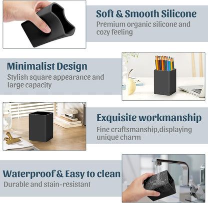 Pen Holder for Desk,Nordic Elegance Square Silicone Pencil Holder Soft Minimalist Desk Pen Cup Stand Waterproof Multifunctional Office Supplies for Home,Kids and School(Grey)