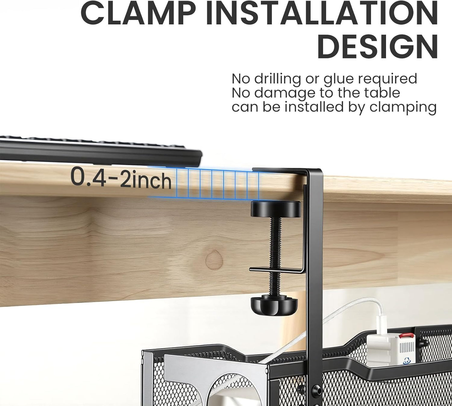 25'' Cable Management Under Desk No Drill，Metal Desk Organizer Suitable for Home desks or Standing desks ，Electrical Cord Management with Clamp