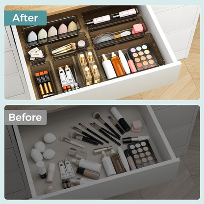 WOWBOX 44 PCS Clear Plastic Drawer Organizer Set, 4 Varied Size storage Bins and Desk Drawer Organizer tool Trays for Makeup, Gadgets, Jewelry and Utensils in Bathroom, Bedroom and Office, Clear Black