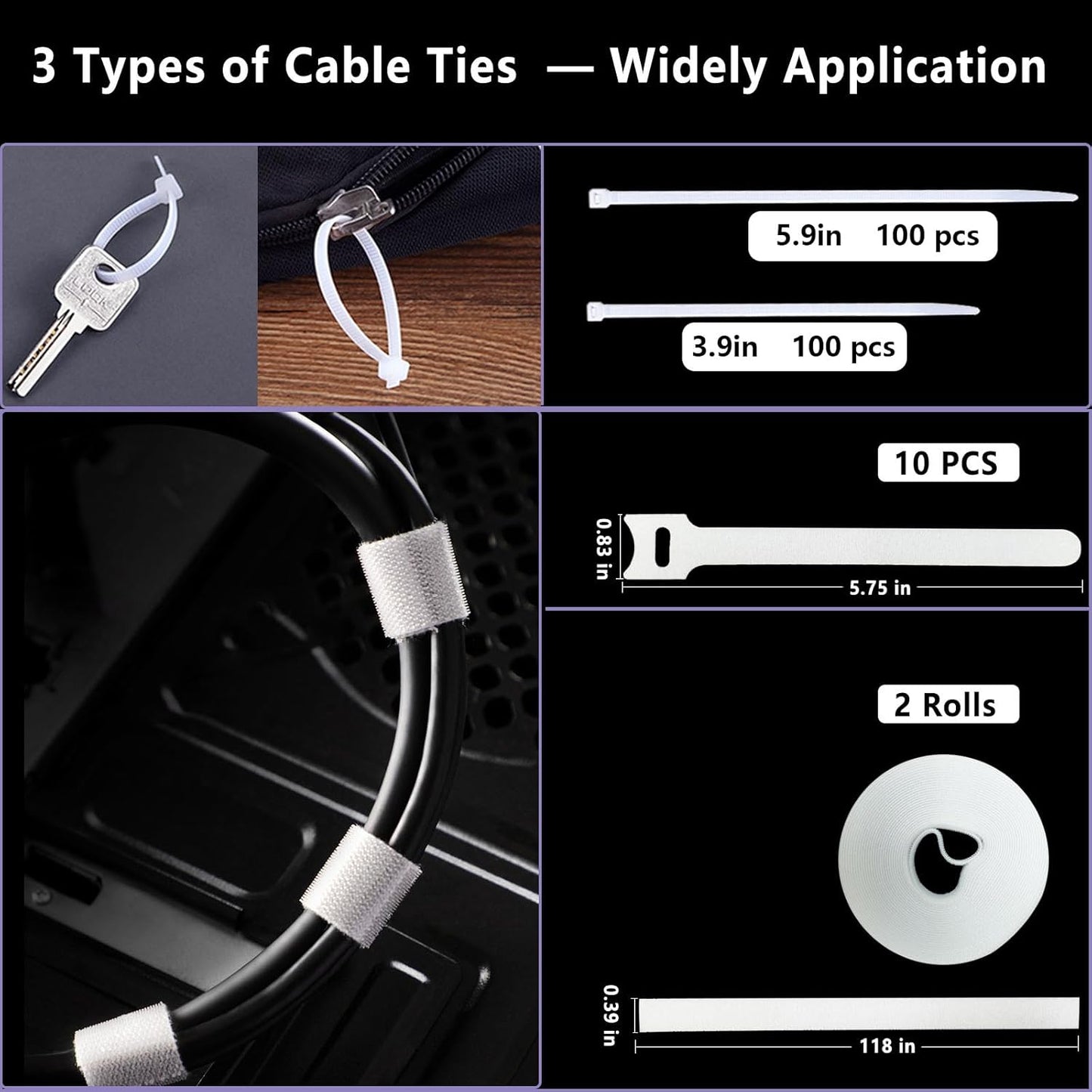 ELII 328Pcs Cable Management Kit, 8 Magnetic Cable Holder,69Adhesive Cable Clips,4 Cable Sleeve Split,22Reusable Cable Strap,200 Nylon Cable Zip Ties with 25 Mounts TV Office (Black)