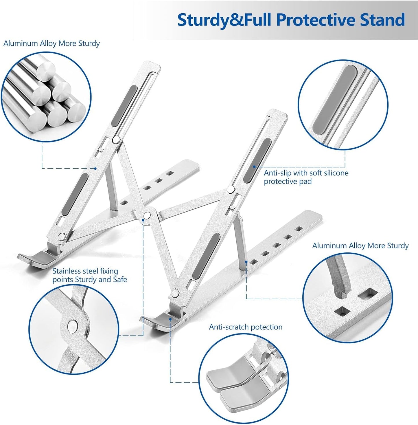 T Legend Aluminum Laptop Stand for Desk, Arae Adjustable Ergonomic Portable Holder, Foldable Computer Stand 6 Angles Anti-Slip Laptop Riser Compatible with 9-15.6 inch Laptops (Aluminum Silver)