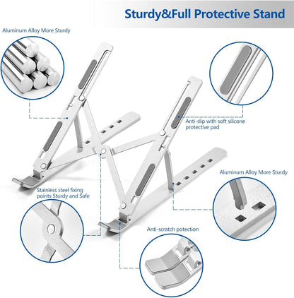 T Legend Aluminum Laptop Stand for Desk, Arae Adjustable Ergonomic Portable Holder, Foldable Computer Stand 6 Angles Anti-Slip Laptop Riser Compatible with 9-15.6 inch Laptops (Aluminum Silver)