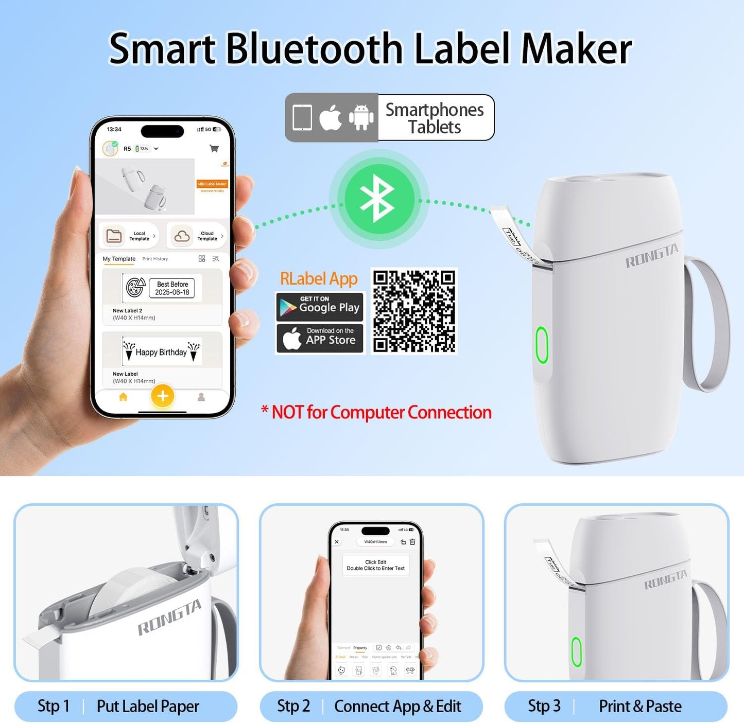 Rongta Bluetooth Label Maker Machine with Tape, Portable Mini Label Printer Wireless Thermal Handheld Sticker Makers Mini Label Makers with Multiple Templates for Organizing Office Home School(White)