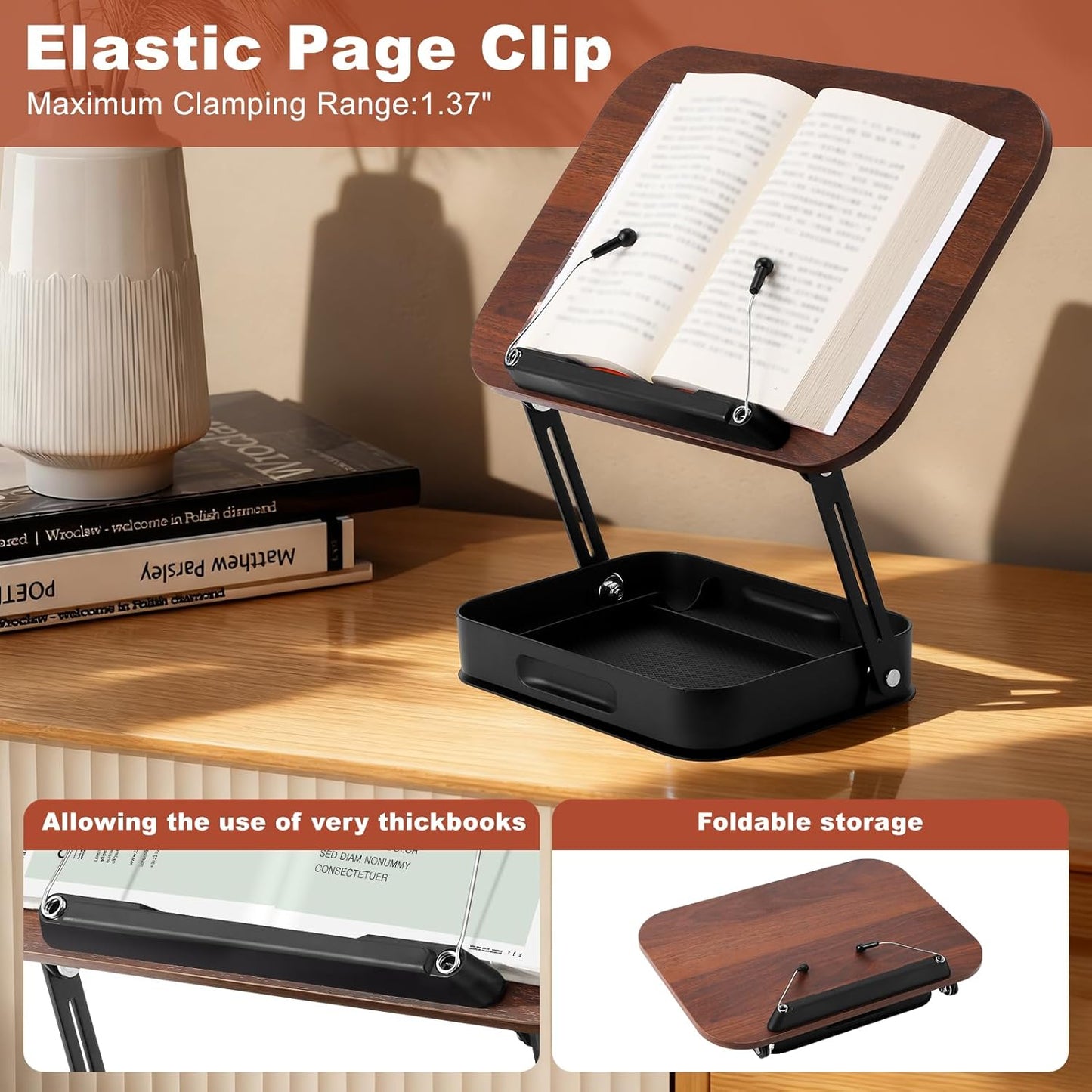 Book Stand for Reading Hands Free, 360° Rotating & Foldable Book Holder Stand for Desk with Storage Box, Carbon Steel Cookbook Recipe Book Holder for Kitchen, Office, Bible Study (White)