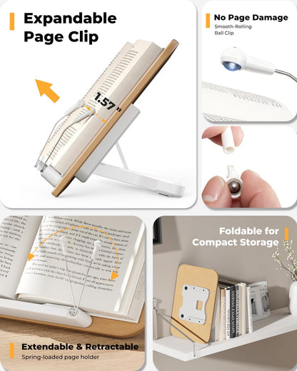 SupeDesk Adjustable Book Stand for Reading, Book Holder with 13 Height Levels, Hands-Free Desktop Book Stand with Page Clips, Foldable Book Stand for Textbooks, Cookbooks, Tablets & Study