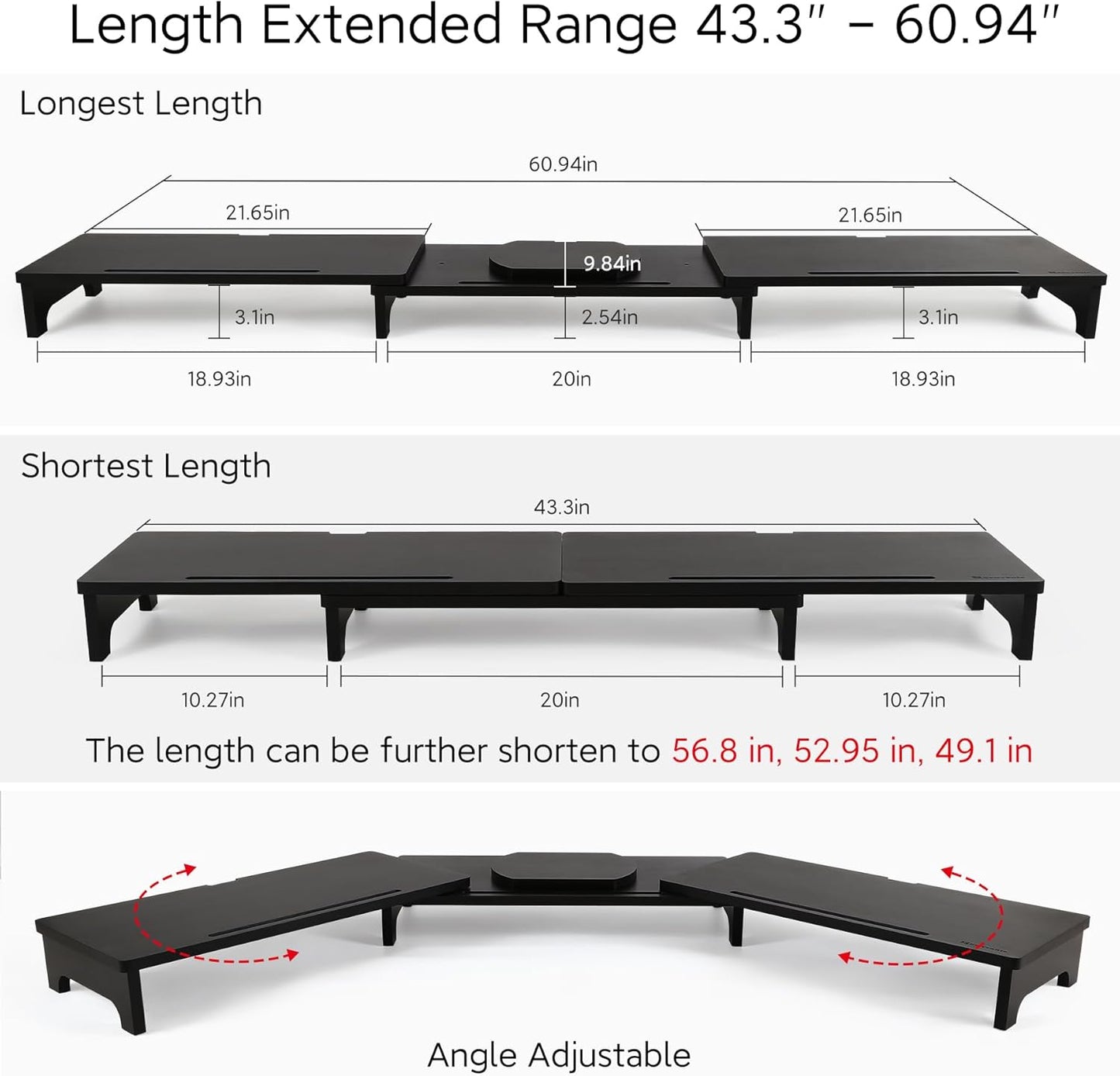 Nnewvante Monitor Stand Riser, 60 inch Large Bamboo Dual Monitor Stand for Desk, 3 Shelves Desktop Screen Riser with Adjustable Length Angle for Computer Laptop PC