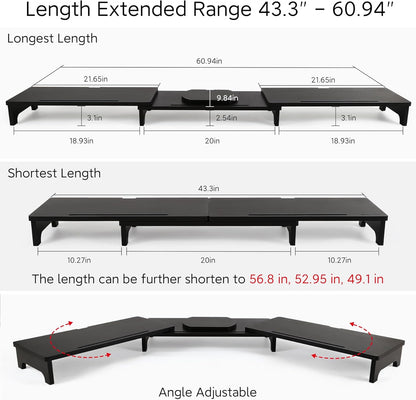 Nnewvante Monitor Stand Riser, 60 inch Large Bamboo Dual Monitor Stand for Desk, 3 Shelves Desktop Screen Riser with Adjustable Length Angle for Computer Laptop PC