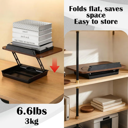 Wooden Book Stand for Reading with Storage Box Non-Slip Base, Adjustable Height & Angle, Foldable Desktop Riser with Page Clip, Hands Free Book Holder for Kitchen Counter, Cookbook, Recipe, Laptop