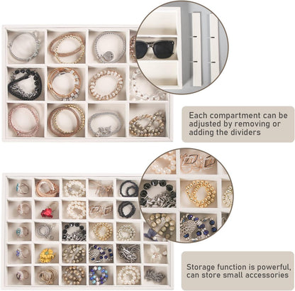 Coward Stackable Jewelry Trays Organizer Set with Clear Lid, Trays for Drawer, Earring Necklace Bracelet Ring Display Organizer (beige(ring+12girds+30girds+The glass lid))
