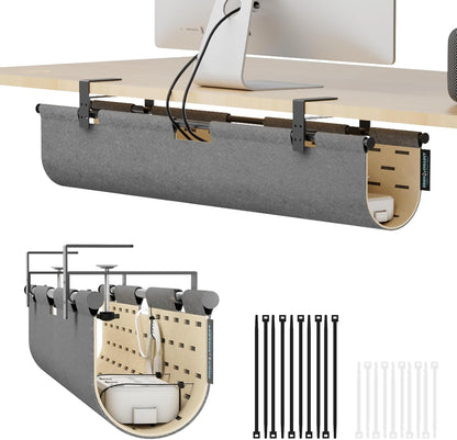 2-in-1 Under Desk Cable Management Tray & Privacy Panel, Dual-Sided Thick Felt Cord Organizer with 20 Cable Ties,Heavy Duty Steel Frame Support, No-Drill Clamp Mount,Large Capacity (Khaki/Gray, 45.2")