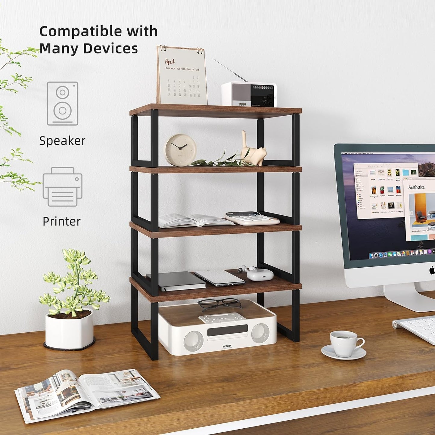Simple Trending 2 Pack Monitor Stand Riser, Wood Desk Storage Organizer for Office Laptop, Computer, Antique Brown