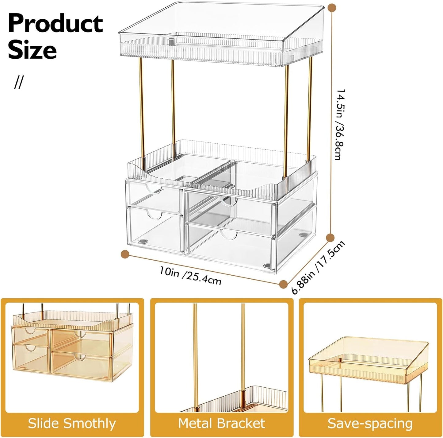 SNSLXH Makeup Organizer Bathroom Storage- 4 Tier 4 Drawer Makeup Storage, Transparent Clear Cosmetics Organiser, Ideal for Cosmetic Perfume Skincare, for Countertop, Bathroom, Office Supplies, Dresser