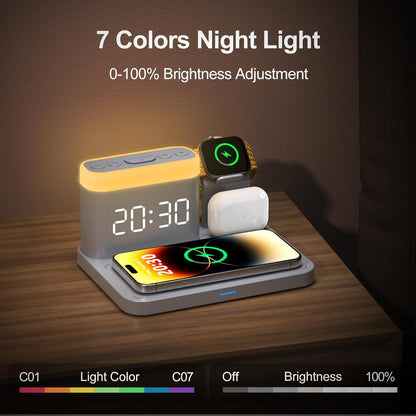 ANJANK Wireless Charging Station,5 in 1 Multiple Charger Stand with Alarm Clock,7 Night Light,Mag-Safe Charging Dock for iPhone 17 16 15 14 13 12 Pro Max Plus,Apple Watch 11/10/9/8,for Airpods,Bedroom