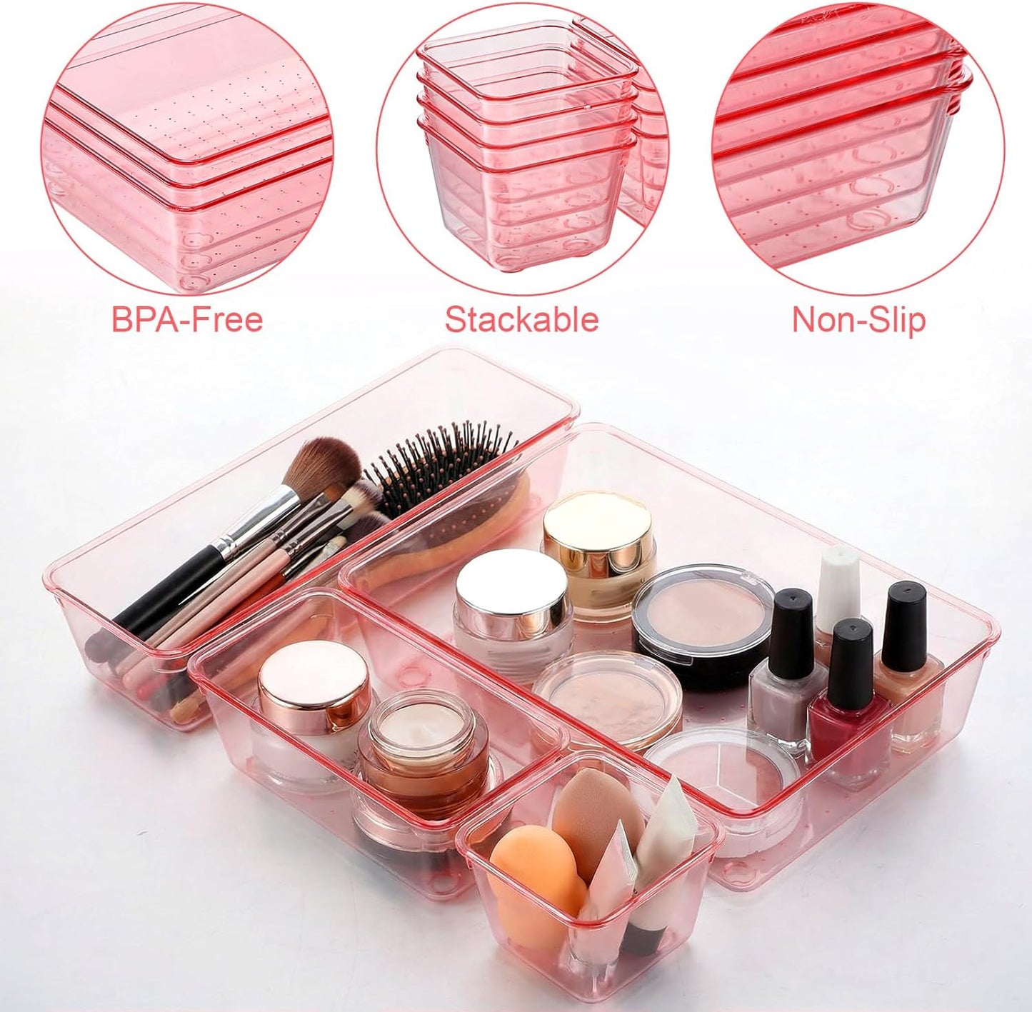 25 Pack Desk Drawer Organizer Set, Small Acrylic Vanity Trays & Storage Bins, Clear Plastic Drawer Organizer Trays for Makeup, Office, Bathroom, Kitchen (Pink)