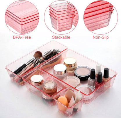 25 Pack Desk Drawer Organizer Set, Small Acrylic Vanity Trays & Storage Bins, Clear Plastic Drawer Organizer Trays for Makeup, Office, Bathroom, Kitchen (Pink)