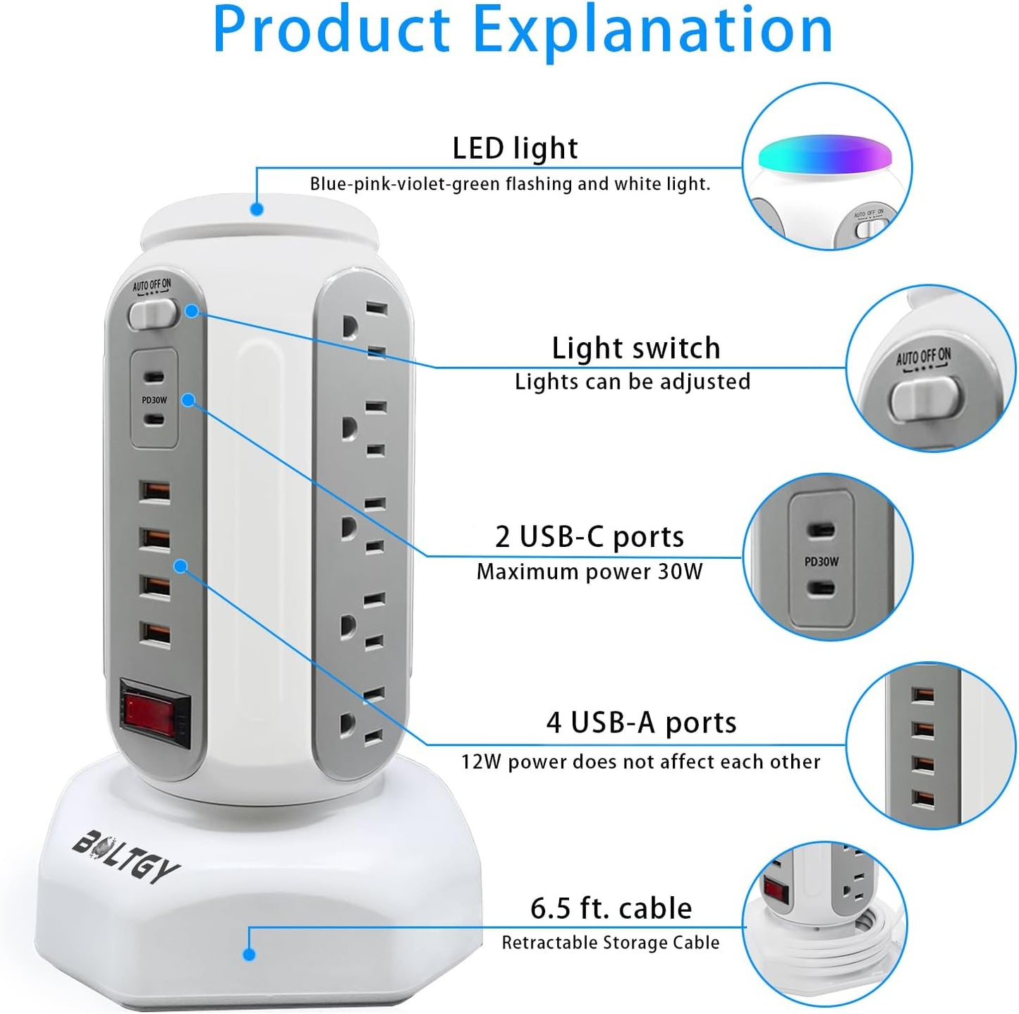 Flat Plug Total Fast Charging Station, Protector with 15 AC Outlets and 6 USB Ports (2 Fast Charge), Tower Surge Protector Power Strip, 6.5FT Extension Cord for Home Office Dorm Room.