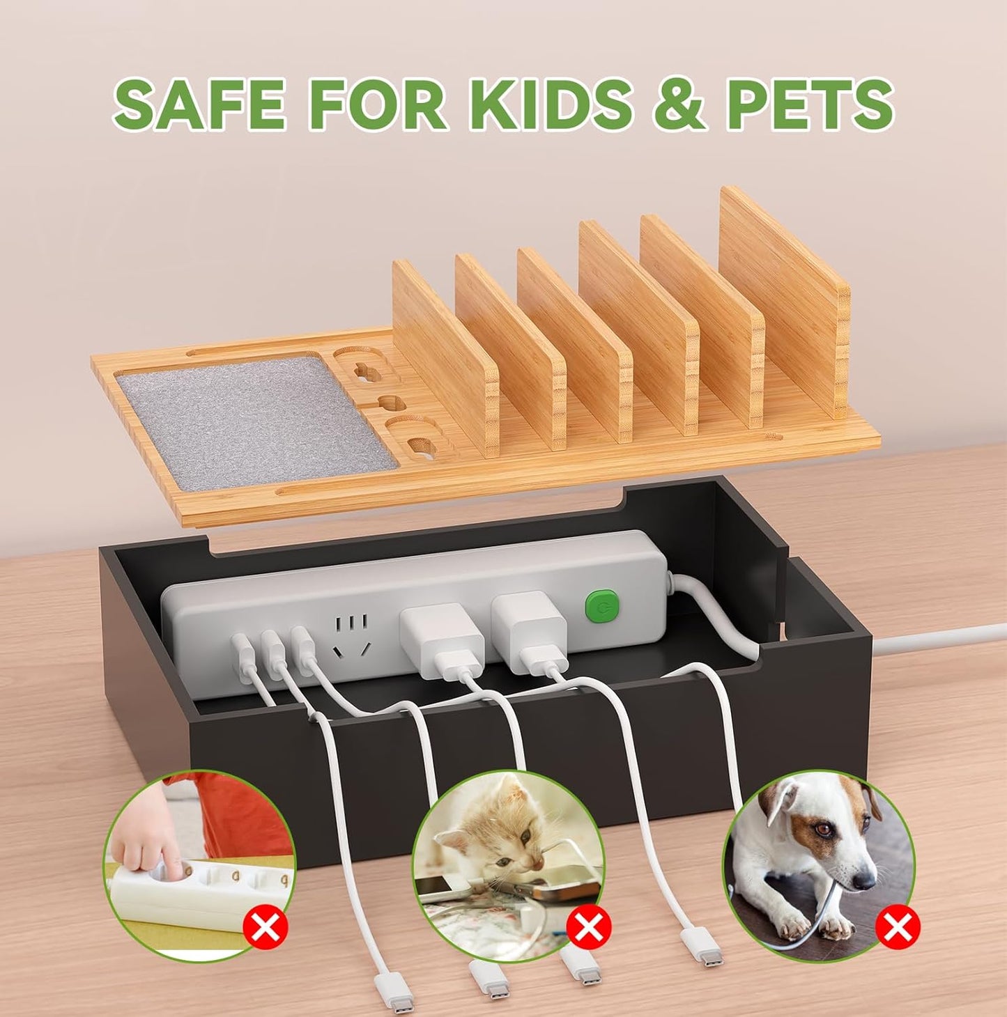 Pezin & Hulin Bamboo Charging Station for Multiple Devices, USB Charger Dock Organizer, with Power Supply (10 Ports HUB), 6 Cables, Cable Management Organizer for Cell Phones, Tablets -Natural+White