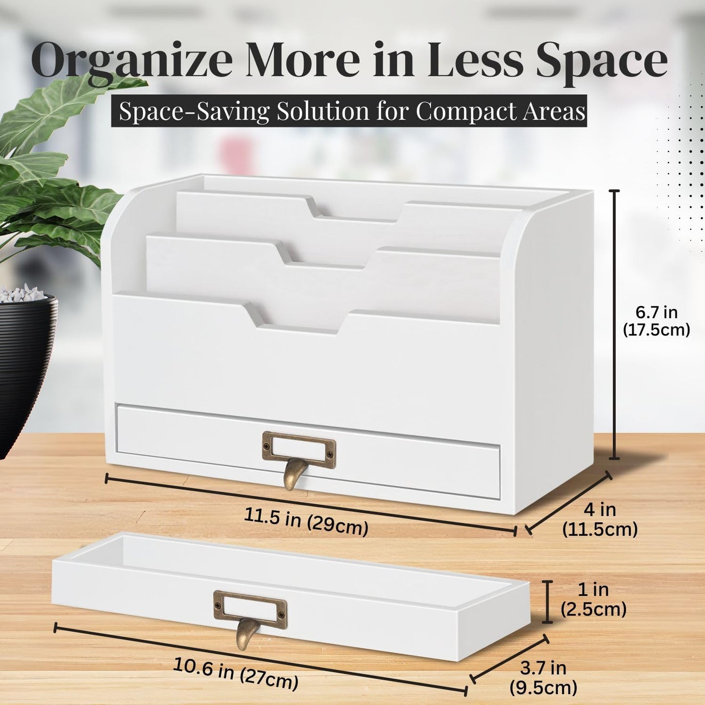 Flexzion 3 Tier Wooden Desk Organizer - Country Rustic Compartments Slot File Tray Pencil Sorter Shelf Holder Supplies Rack Accessories Set with Storage Drawer for Desktop Tabletop Office Home Brown