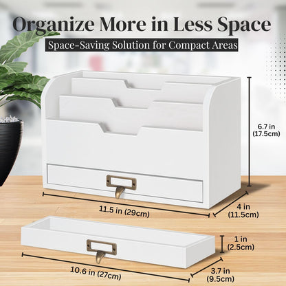 Flexzion 3 Tier Wooden Desk Organizer - Country Rustic Compartments Slot File Tray Pencil Sorter Shelf Holder Supplies Rack Accessories Set with Storage Drawer for Desktop Tabletop Office Home Brown