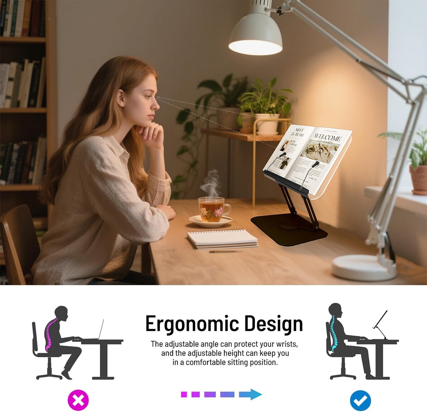 Acrylic Book Stand for Reading Hands Free - Adjustable 360° Rotating Cookbook Holder with Elastic Page Clips & Foldable Base, Multi-Angle Desktop Display Stand for Recipes, Textbooks, Tablets, Bibles