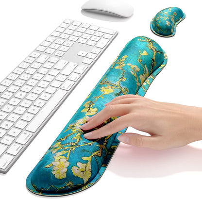 Dapesuom Enlarge Keyboard Wrist Rest, Memory Foam Wrist Cushion for Desk Mats Support, Cute Pain Relief Keyboard Mouse Pad Rests Set with Non-Slip Base for Gaming Laptop Office Computer, Green Leaf