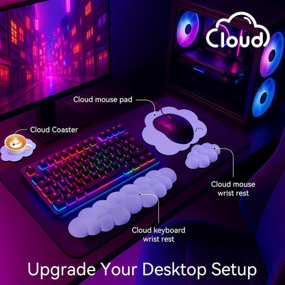 Sushret Cloud Wrist Rest for Computer Keyboard, 4-in-1 Memory Foam Leather Cloud Keyboard Wrist Rest and Mouse Pad Set with Ergonomic Support for Arm and Palm Cushion, Gaming/Work Setup, Rainbow