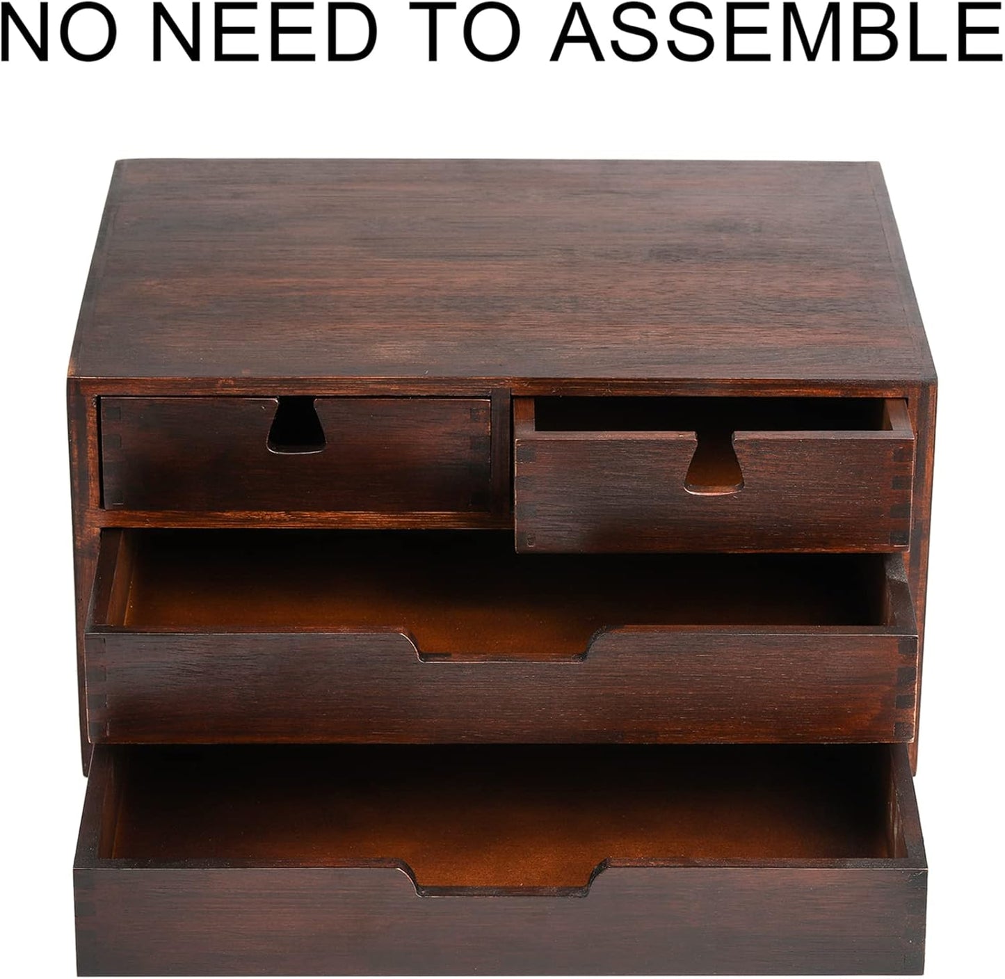 DEAYOU Bamboo Desk Organizer, 100% Natural Bamboo Desktop Drawer Organizer, Dark Brown Tabletop Storage Cabinet Organization Box with 4 Drawer for Makeup, Letter, Home, 3 Layer, Fully Assemble