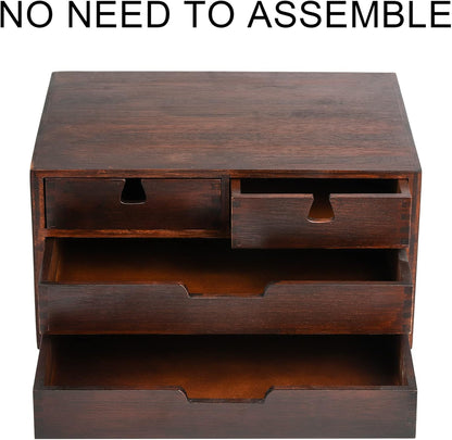 DEAYOU Bamboo Desk Organizer, 100% Natural Bamboo Desktop Drawer Organizer, Dark Brown Tabletop Storage Cabinet Organization Box with 4 Drawer for Makeup, Letter, Home, 3 Layer, Fully Assemble
