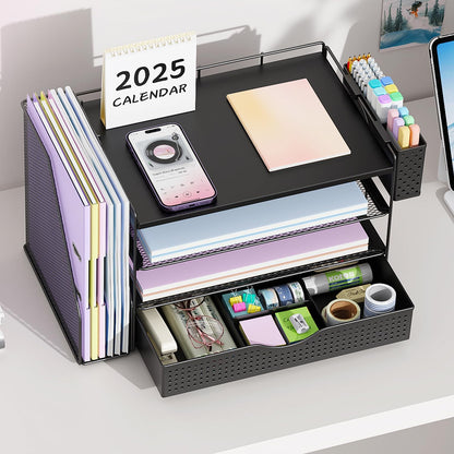 gianotter Wood Desk Organizers and Accessories with File Holder, 4-Tier Desk Accessories & Workspace Organizers with Drawer and Pen Holder, Desk Reference Organizer (Wood)