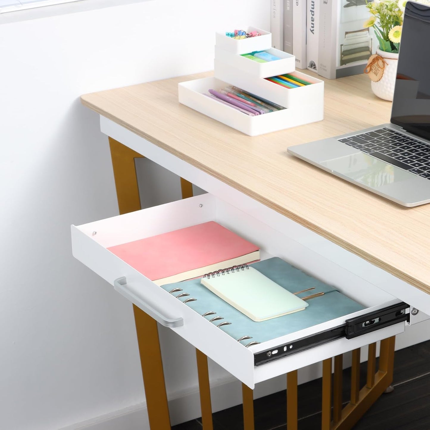 Under Desk Drawer Organizer 21" White Upgrade with Adjustable Brackets, Sliding Pull-Out Under Table Pencil Drawer, Office Standing Desk Attachment for Workbench