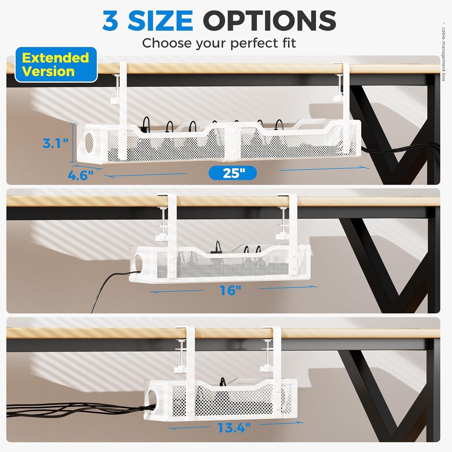 Under Desk Cable Management Tray White, Cinati Wire Organizers No Drill, Cable Tray with Clamp for Wire Management, Cord Organization Box for Office, Home - No Damage to Desk