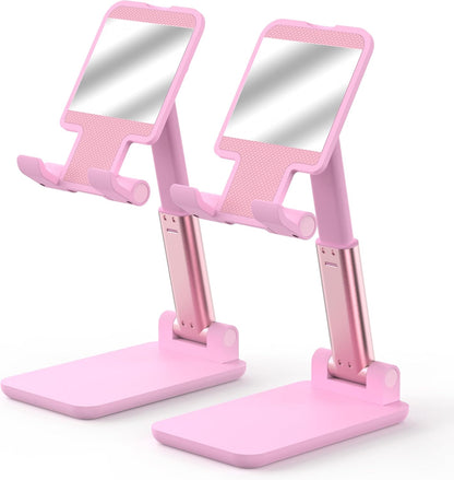 Cell Phone Stand, Adjustable Angle and Height Cell Phone Holder for Desk, Foldable and Portable, Anti-Slip Silicone Pad, Compatible with All Mobile Phones and 4-8 Inch Devices, Pink