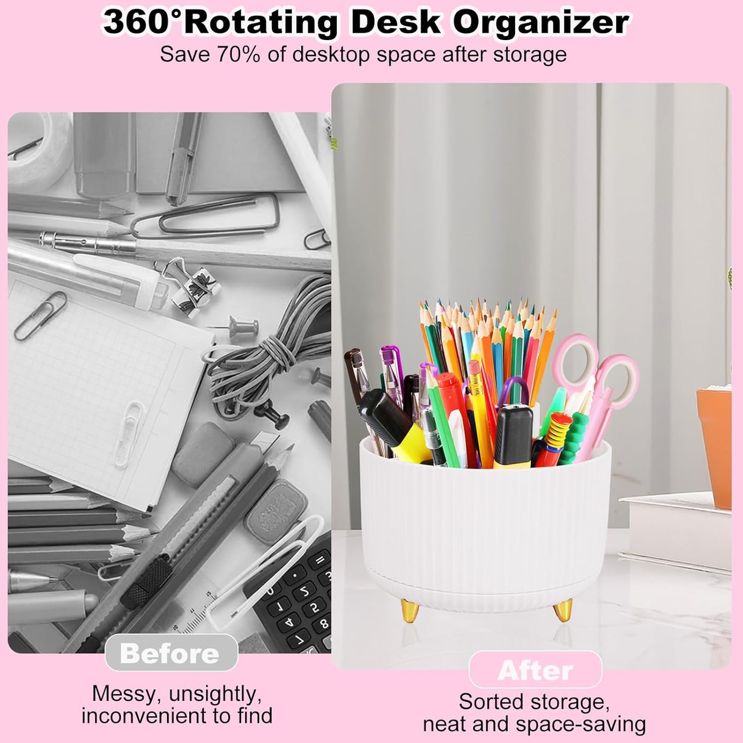 Gawsey Gold Desk Organizers and Accessories Set with 360-Degree Rotating Pen Holder, Acrylic Stapler, Tape Holder, Staple Remover, Binder/Paper Clips Kit, Scissor and 1 Box of Staples