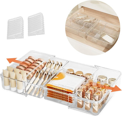 Expandable Drawer Organizer-Adjustable Shallow Tray, 11" to 19" Width,1.97" Height, Clear Plastic Storage for Bedroom, Living Room, Kitchen/Bathroom/Office/Cosmetic/Tools/Cutlery/Stationery