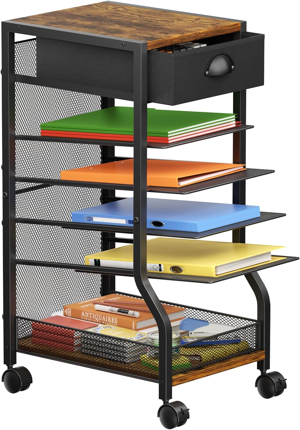 keomaisyto 6-Tier Rolling File Cart with Drawer, Under Desk Storage with Paper Letter Sliding Trays, Standing File Organizer with Wheels, Slim Workspace Organizers for Office/Home/School/Study