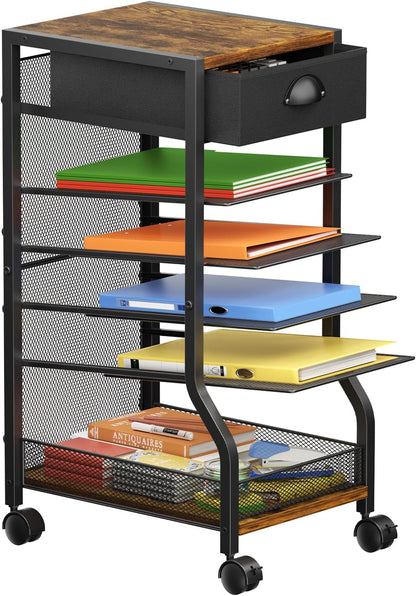 keomaisyto 6-Tier Rolling File Cart with Drawer, Under Desk Storage with Paper Letter Sliding Trays, Standing File Organizer with Wheels, Slim Workspace Organizers for Office/Home/School/Study