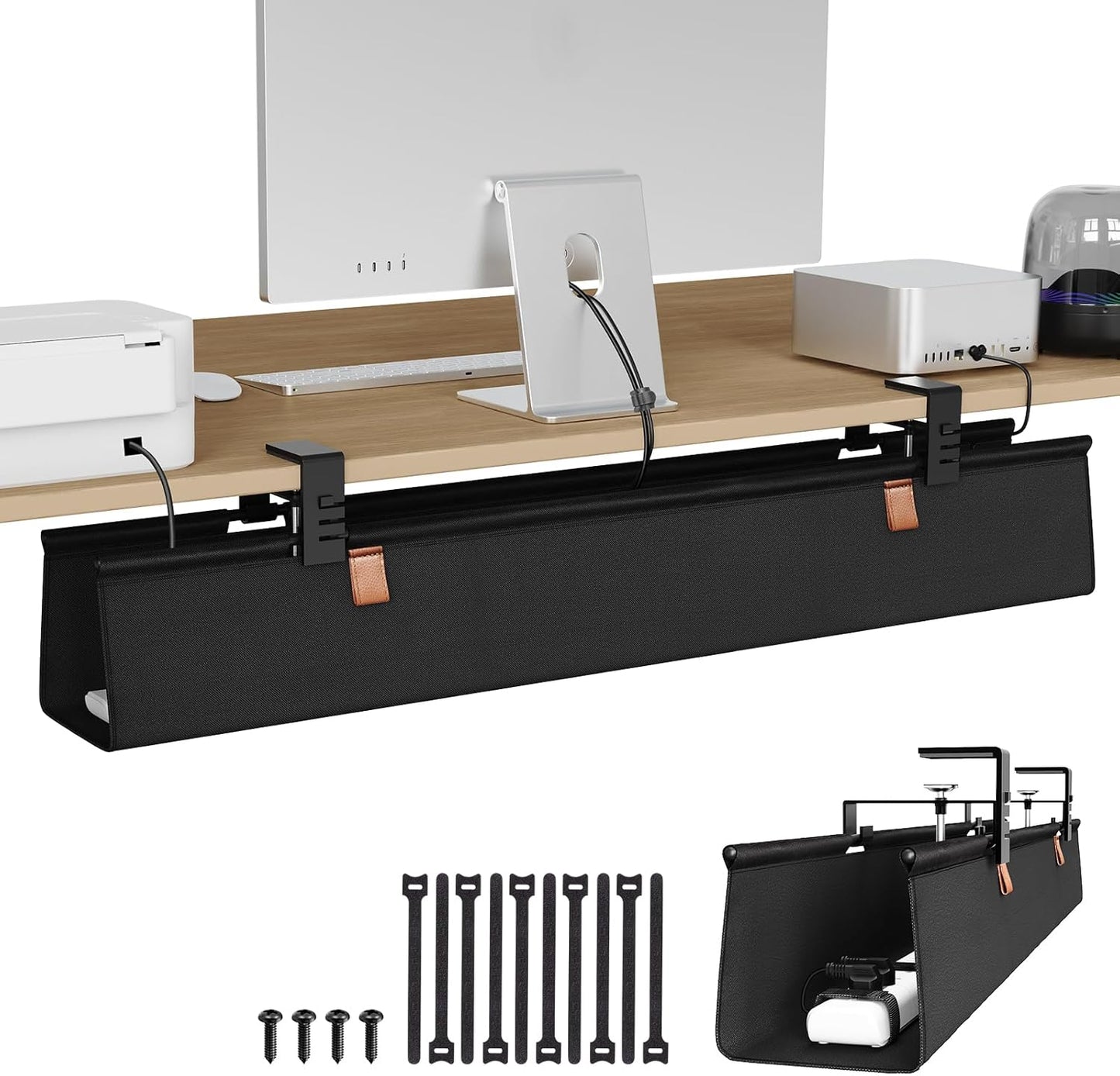 Zilink No Drill Under Desk Cable Management Tray 30" Cord Organizer for Table Clamp/Screw Mount Desk Cable Management Sturdy Waterproof Fabric Cord Hiders for Office, Home