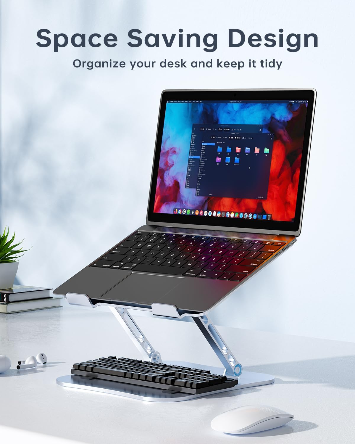 H&C(hcck&Cllassp) Aluminum Laptop Stand for Desk, Foldable and Portable Laptop Riser, Adjustable Notebook Stand, Ventilated Cooling Bracket, Ergonomic Computer Stand for 11-17 inch Notebooks, Silver