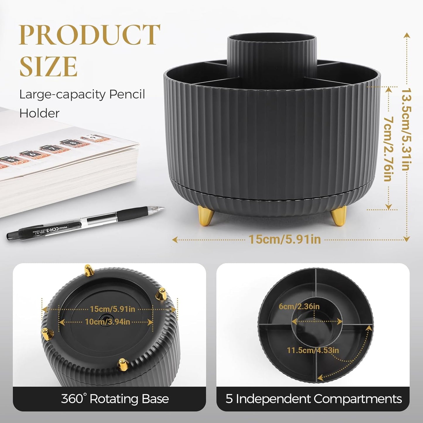 KONVINIT Pencil Pen Holder for Desk, 5 Slots 360 - Degree Rotating Desktop Organizer, Cute Desk Organizers and Accessories for School, Home, Office and Art Supply, Beige